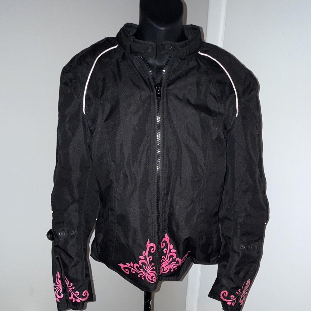MBOSS Ladies Armor Motorcycle Riding Jacket Black Pink Floral Sz Large BOS22701